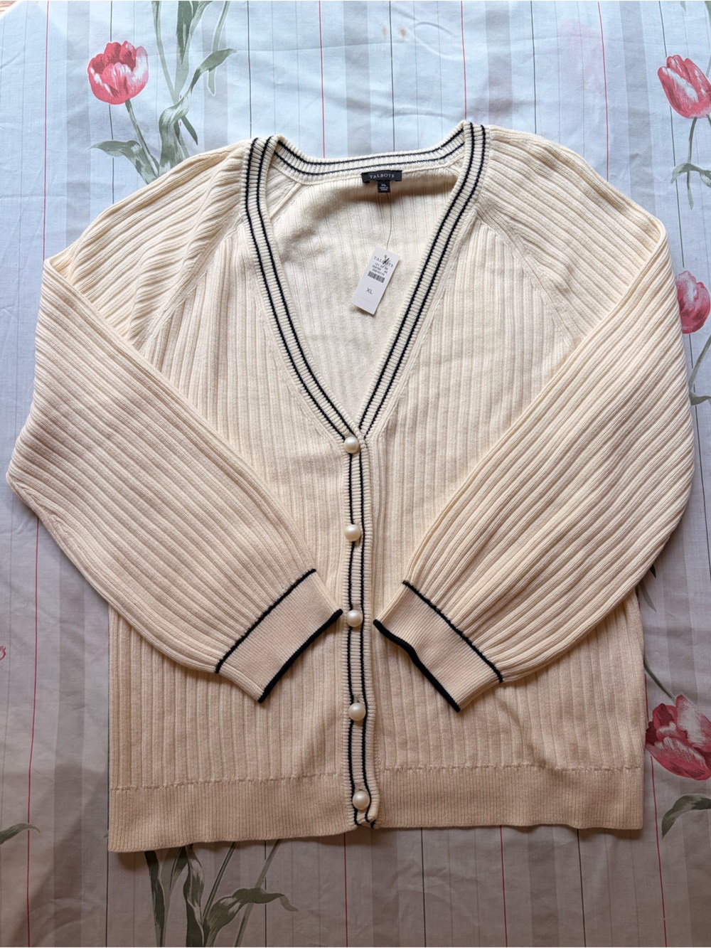 Talbots Cream Ribbed Button-Up Cardigan with Black Trim and Pearl Buttons